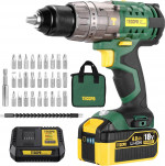 Taladro y Atornillador a Batería TECCPO de 18V con Batería de Litio, Cargador Rápido y 33 Accesorios