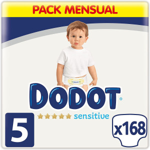 Dodot Pañales Bebé Sensitive Talla 5 (11-16 kg), 168 Pañales + 1 Pack de 48 Toallitas Gratis