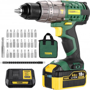 Taladro y Atornillador a Batería TECCPO de 18V con Batería de Litio, Cargador Rápido y 33 Accesorios