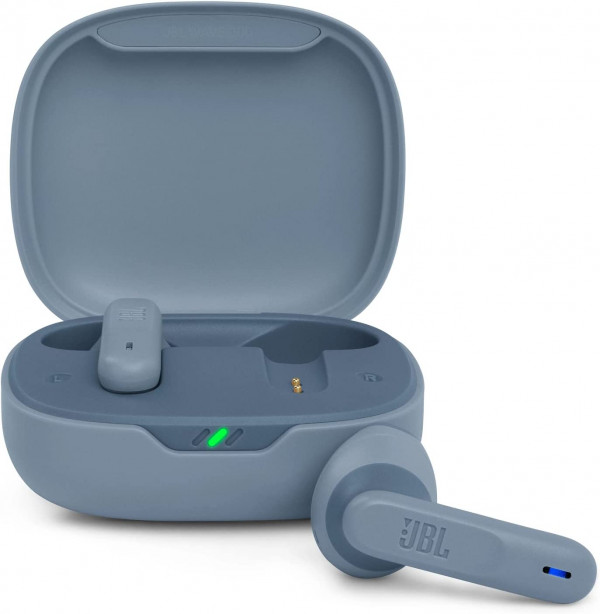 Auriculares JBL Wave 300 TWS True Wireless con micrófono y estuche de carga en color azul